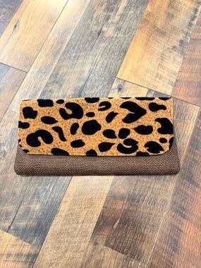 Leopard Print Fold-Over Clutch Wallet in Brown and Tan- African hand made.